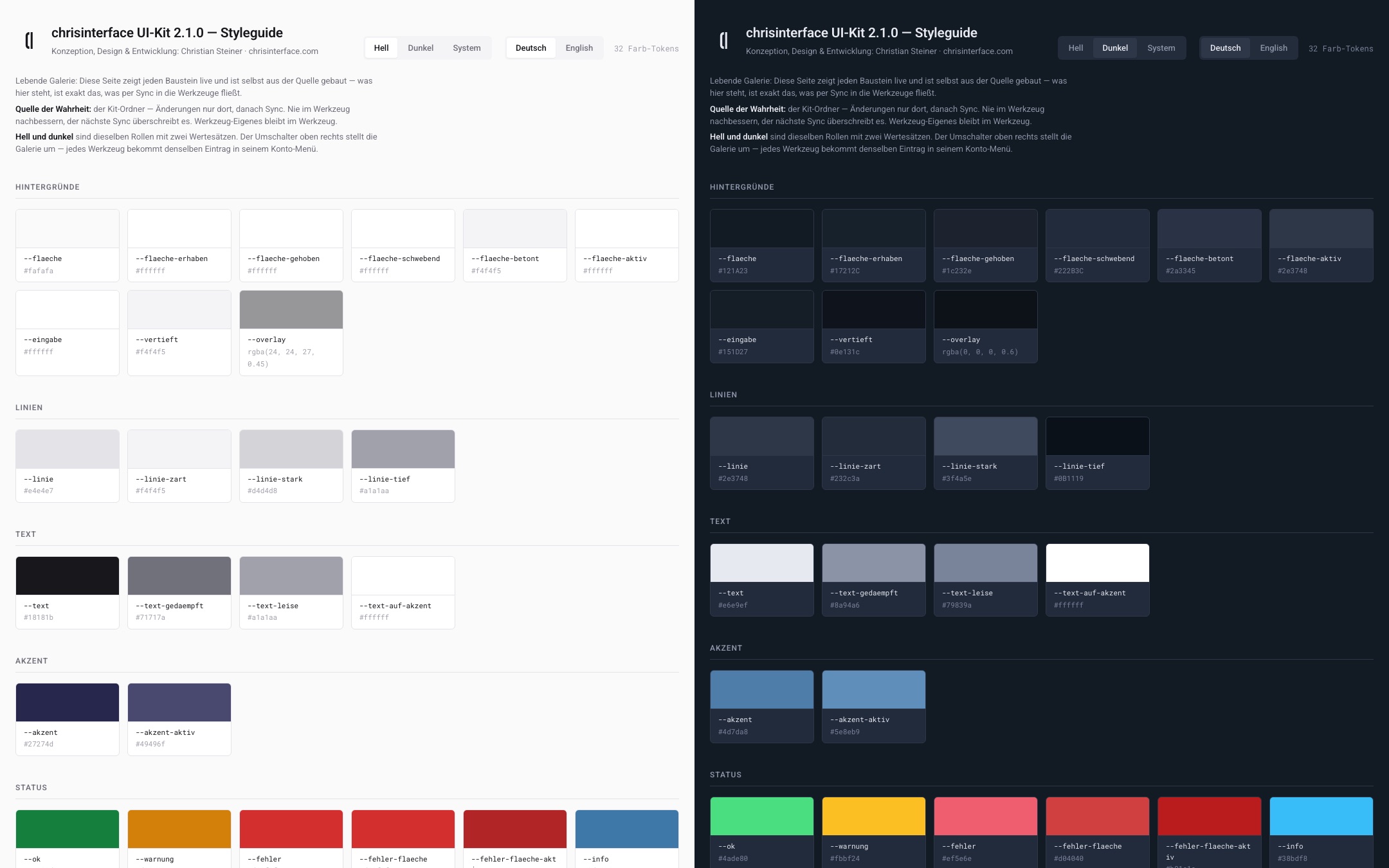 Die Galerie des UI-Kits, links hell, rechts dunkel: Farbrollen, Schriftgrößen und Bausteine