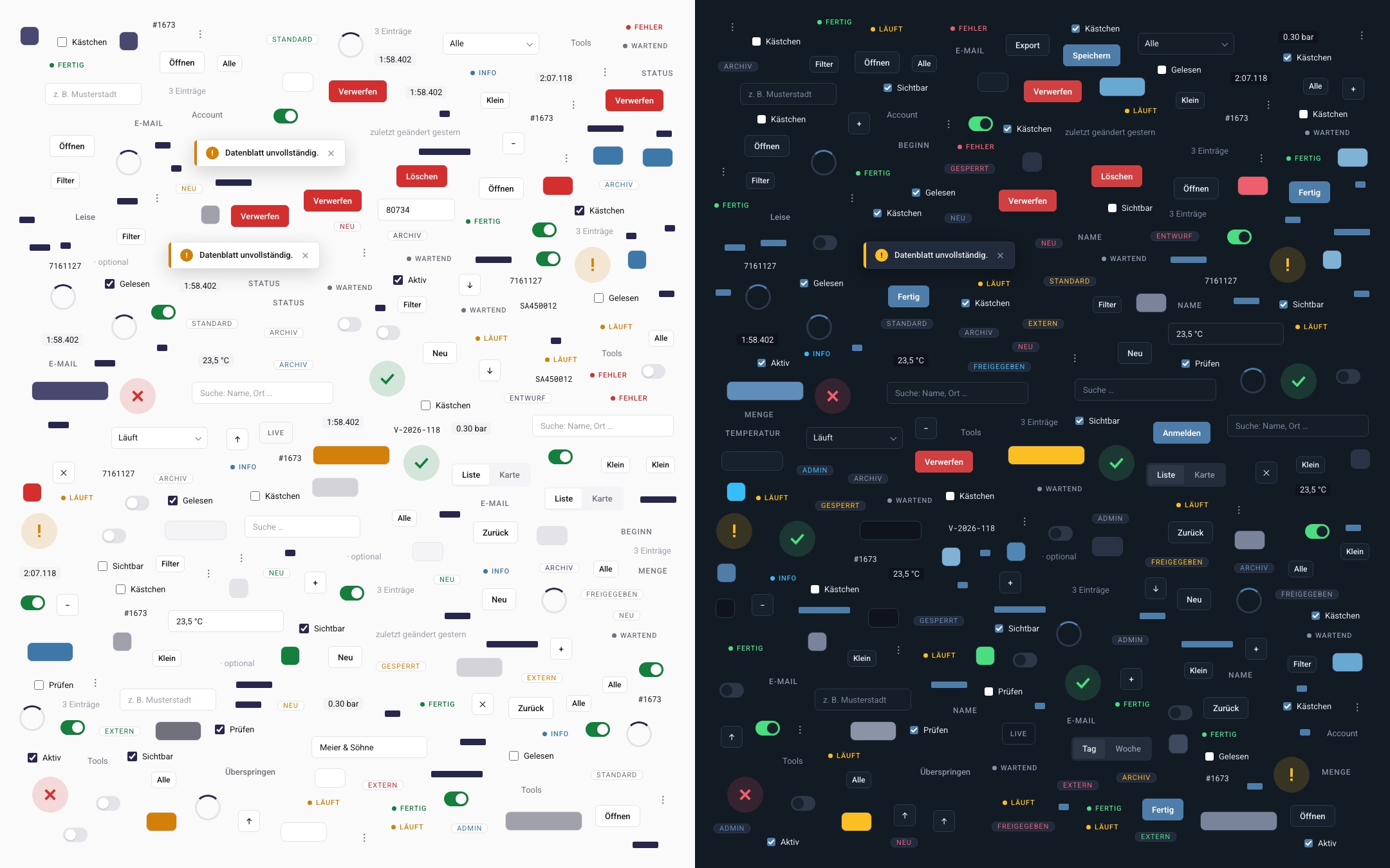 Bausteine des UI-Kits zufällig über die Fläche verteilt, links hell, rechts dunkel: Knöpfe, Badges, Schalter, Felder, Meldungen, Farbrechtecke